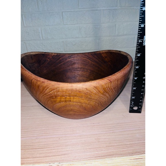 Vintage MCM Heavy Teak Bowl Unique Rounded Deep - Picture 9 of 9
